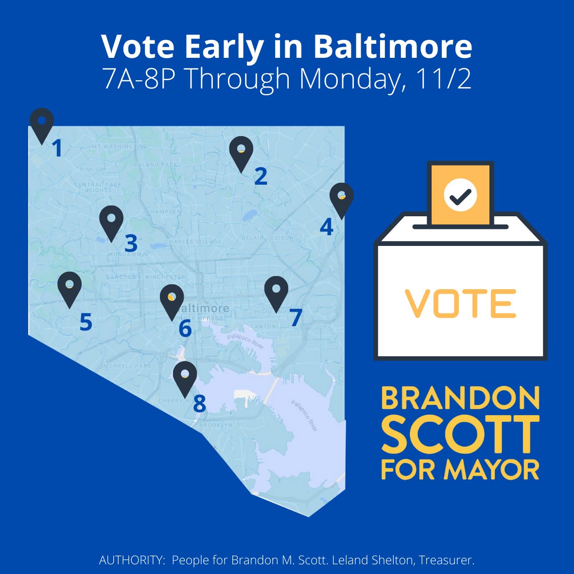 MayorBMScott's tweet photo. Still need to cast your vote in this historic election? 🗳️☔ Despite the rain, the polls are still open from 7AM-8PM. Find a site near you! You can vote or drop off your absentee ballot at any of these sites with no lines. #ANewWayForward #BrandonForBaltimore https://t.co/j4LxovKZlM