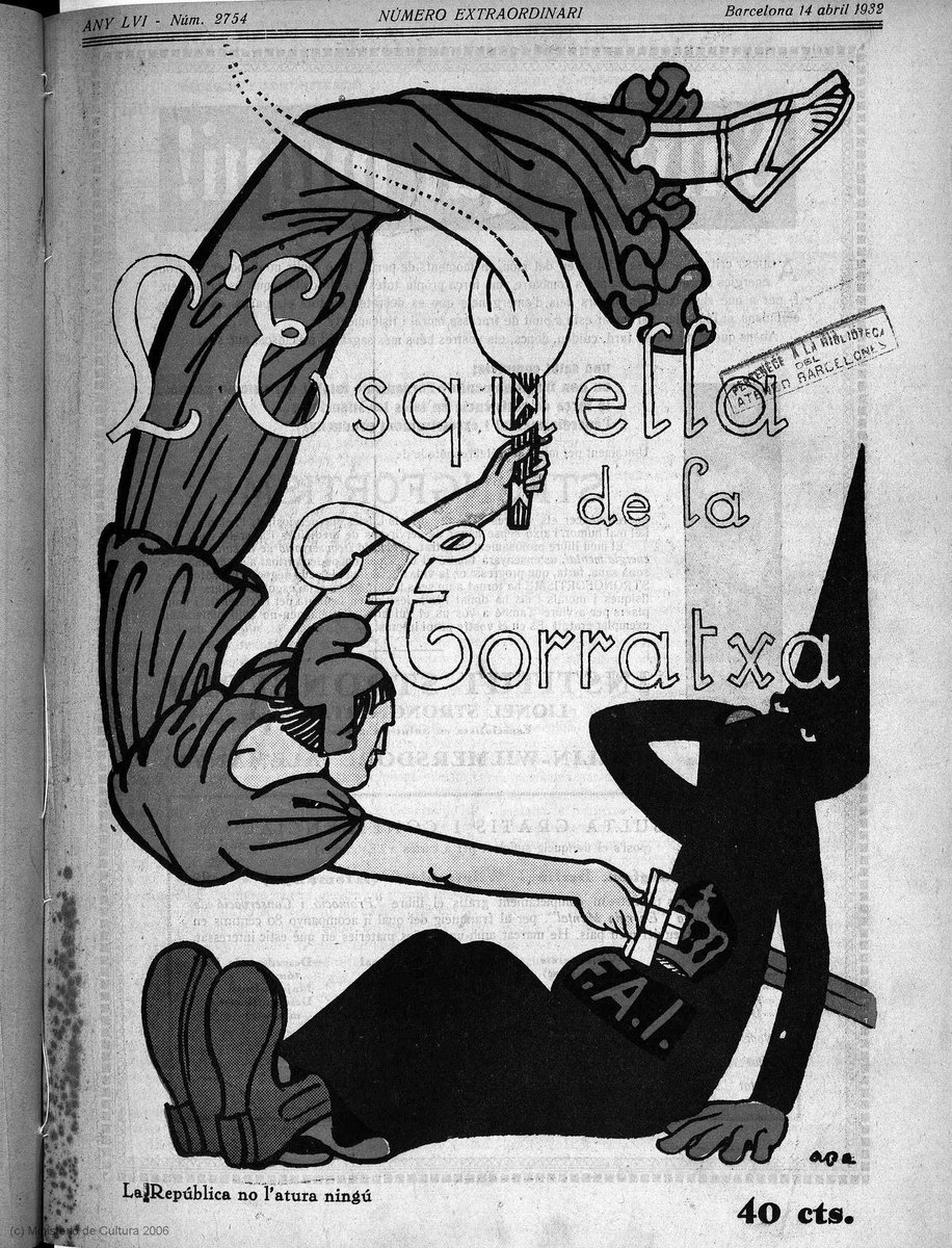 "(a) la República no la detiene nadie"
Alegoría catalanista de la República apuñalando a una figura encampuchada negra que representa a la Federación Anarquista Ibérica (asociándola, además, con los monárquicos).

Autor: Feliu Elias "Apa"
L'Esquella de la Torratxa (14/04/1932)