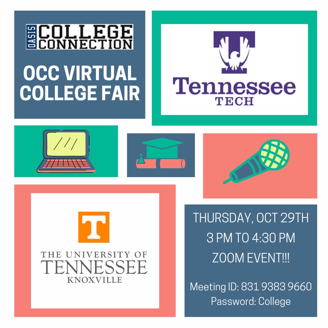 CollegeOasis's tweet photo. Wrapping up week 1 of our Virtual College Fair today and we will be hosting Tennessee Tech and University of Tennessee Knoxville! Interested? Just use this link (https://t.co/Gx6jfWpbGy) at 3 pm and join us! https://t.co/hJjBDxaYqw