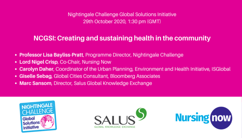 NursingNow2020's tweet photo. 📢It's nearly time for today's webinar about creating & sustaining #health in the community.
We'll be joined by @LBP_CovUni, @LordNigelCrisp, @gsebag @SALUS_Global & Carolyn Daher.
You've still got time to register, sign up here:
https://t.co/gmGpdHmO0M
#NCGSI #CreatingHealth https://t.co/PzBjz1OF9Q