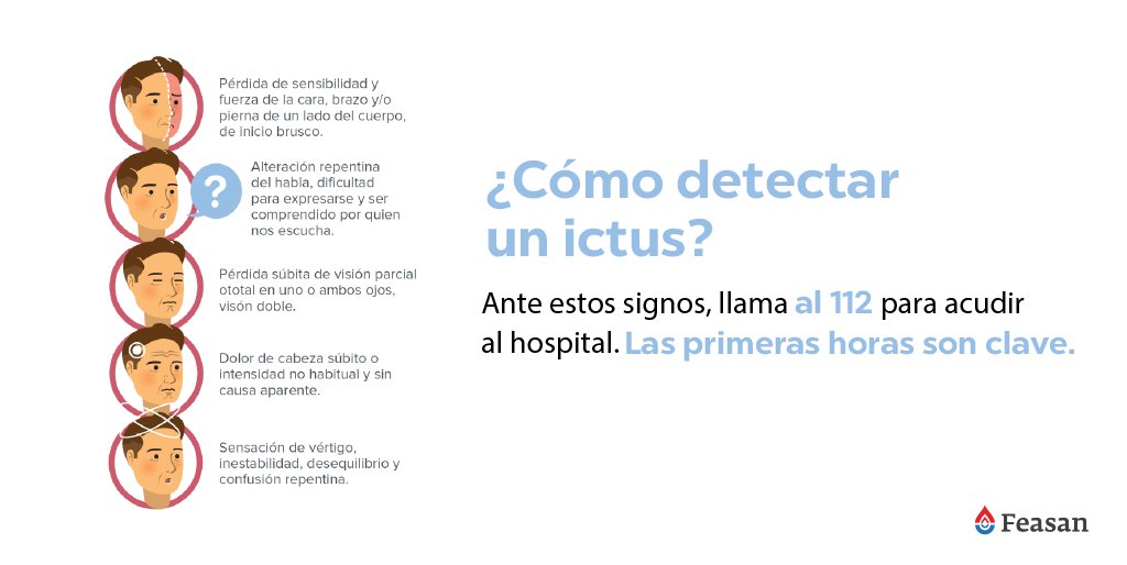 FEASAN_'s tweet photo. Identificar los síntomas del #ictus es muy importante para minimizar secuelas. Ante cualquier síntoma, no te quedes en casa y acude rápidamente al hospital ⚠

#DiaMundialdelIctus 🧠 https://t.co/geHte0YSZi