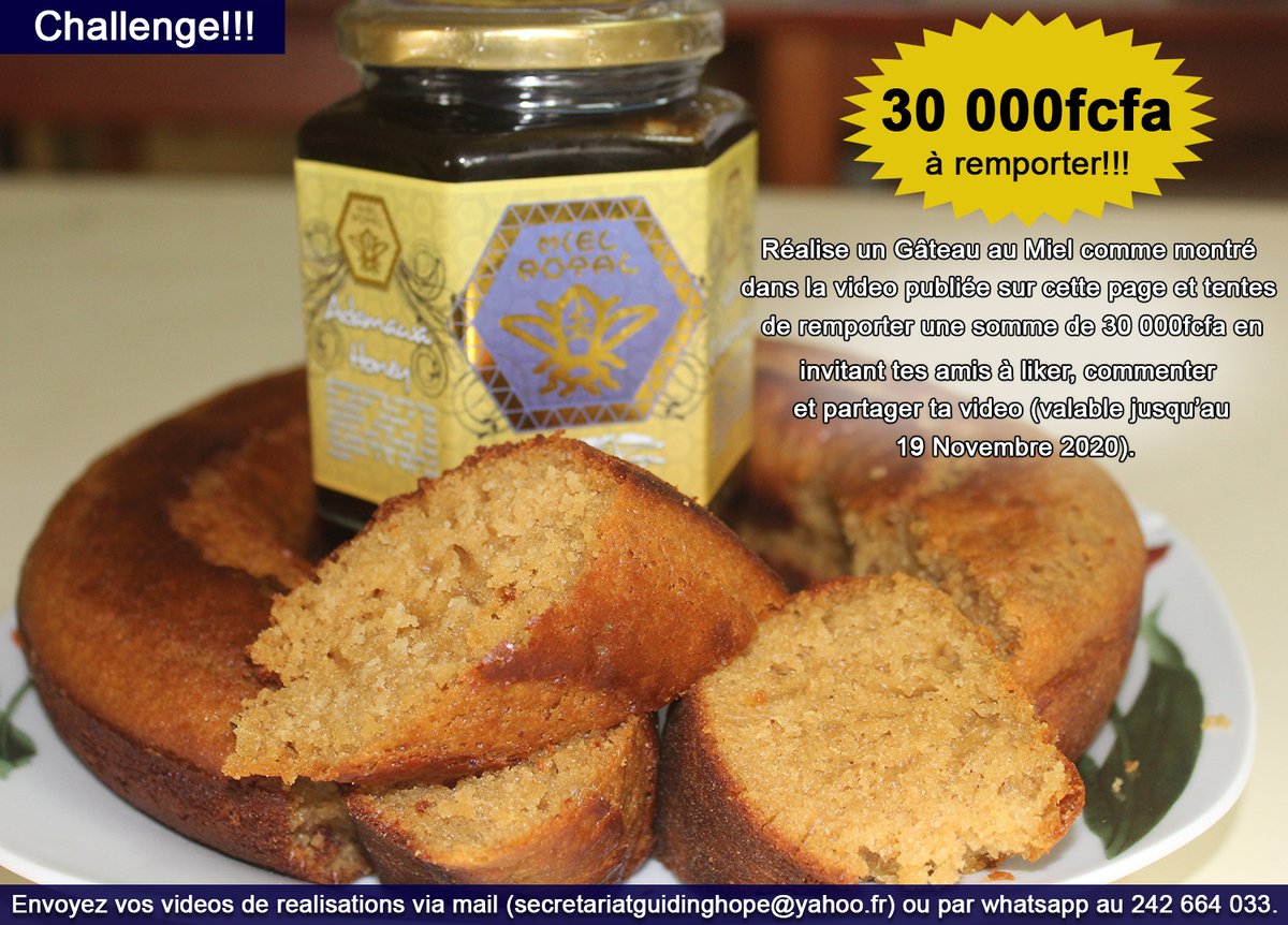 MielRoyal's tweet photo. Réalise le Gâteau au #MielRoyal et tentes de remporter une somme de 20 000fcfa.
Envoi ta vidéo de réalisation et l'image finale de ton Gâteau via mail (secretariatguidinghope@yahoo.fr) ou via whatsapp (242 664 033) sans oublier tes coordonnées.
challenges valable jusqu'au 19 nov https://t.co/wRy534NPMA