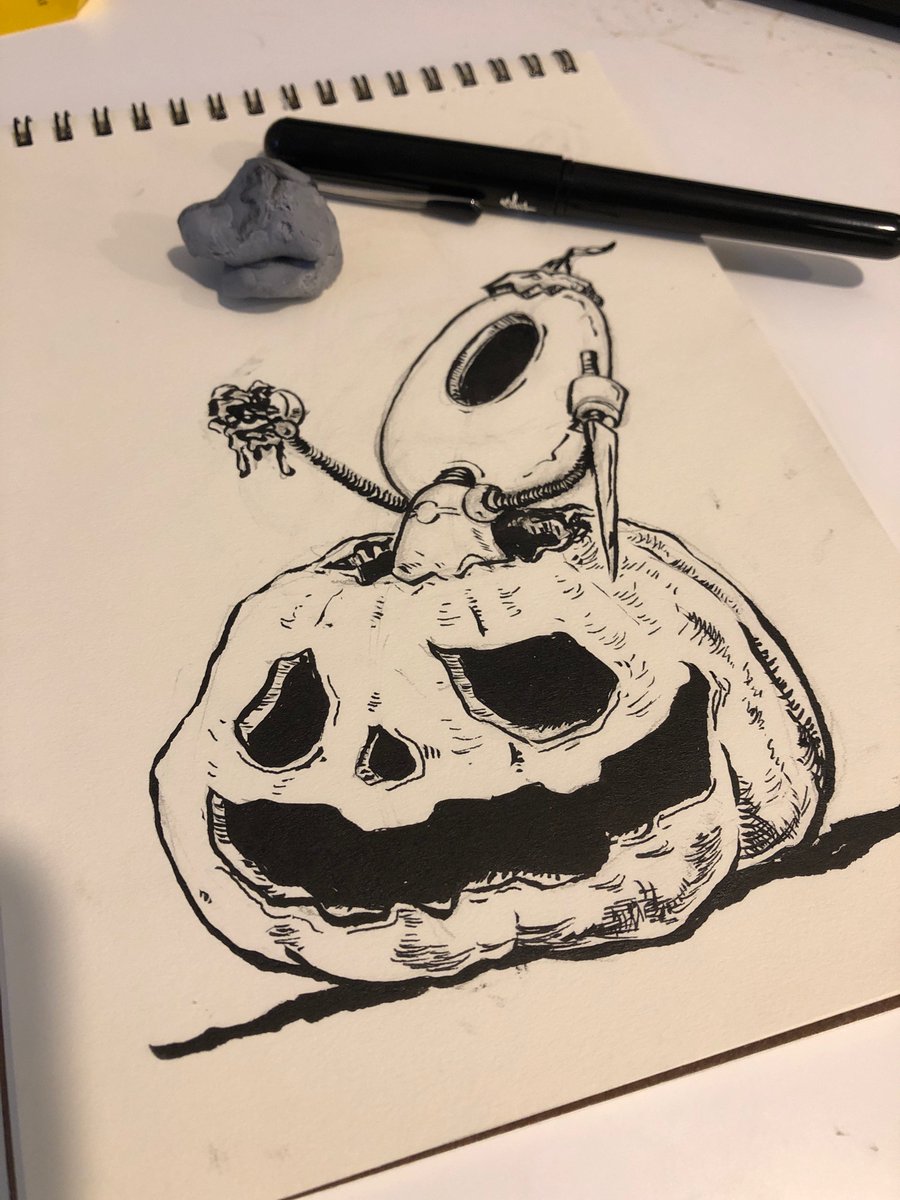 adamconnor's tweet photo. Sloppy morning doodles #beenawhile #workingback #doodles #illustration #ink #art #scribbles #meh #pumpkin #Robots https://t.co/WVjhAVQhY4