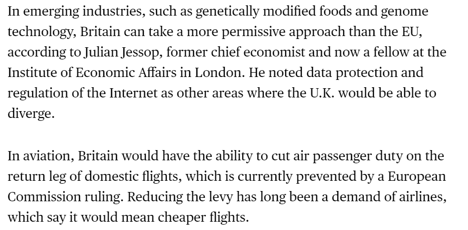 Plus it could take a more permissive approach than the EU on emerging technologies, like GM foods and genome technology, says  @julianHjessop. In aviation, the UK would be free to cut air passenger duty on return leg of domestic flights (h/t  @charlie_ryan1) 5/