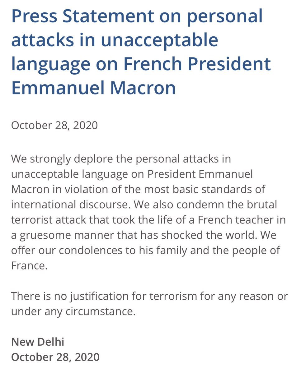  India condena duramente “los ataques personales sobre Emmanuel Macron” y el asesinato del profesor Samuel Paty.