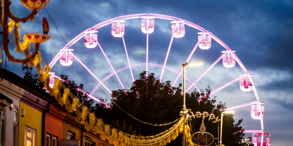 visit_leicester's tweet photo. #DiwaliLeicester celebrations will be very different this year but it's great to welcome back the #WheelofLight. The site is covid-secure with safety measures in place and only members of the same household or support bubble can share a cabin.  Visit https://t.co/SZ55McKga7 https://t.co/n9CfmVLgYQ