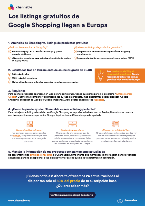 Después del lanzamiento de los listings de Google Shopping gratuitos en EE.UU, ahora también están disponibles en Europa. En esta hoja informativa te explicamos cómo funcionan y cómo #Channable puede ayudarte a crear listings de calidad en #GoogleShopping. #ecommerce