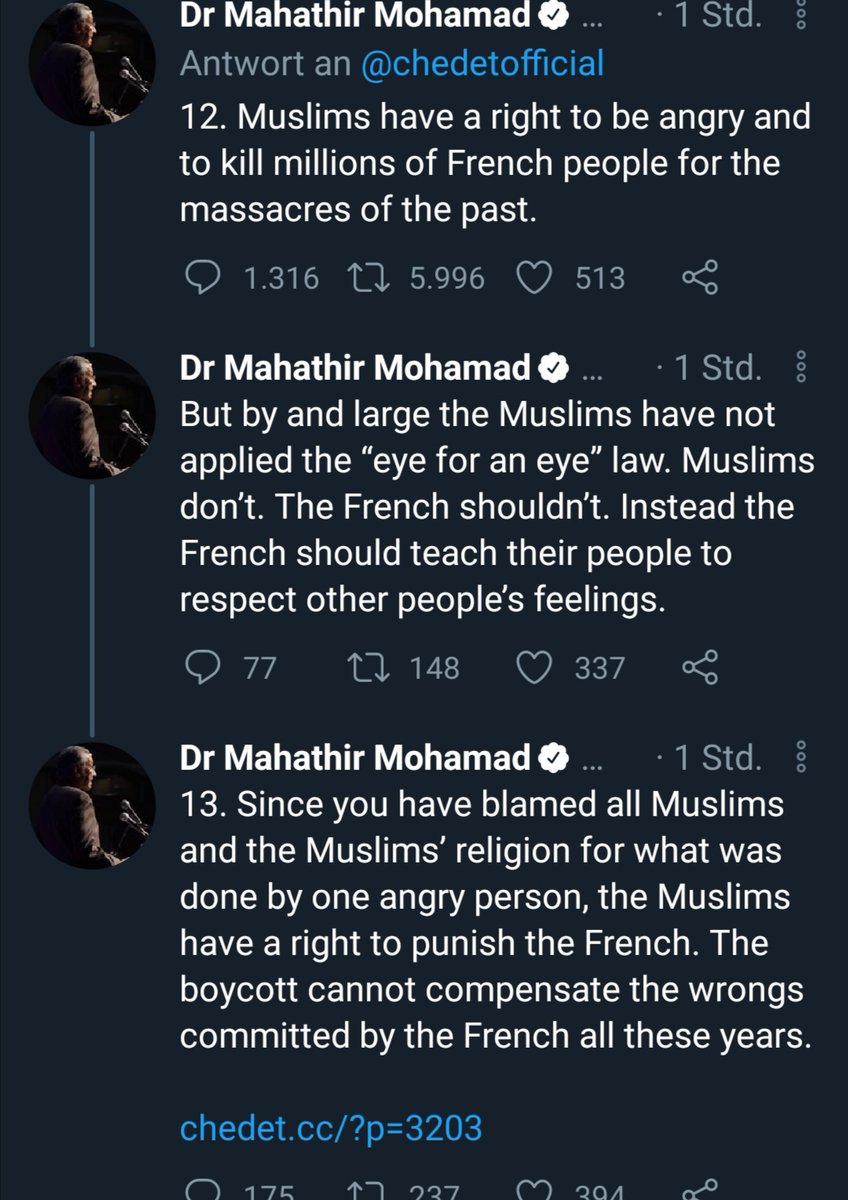 🇲🇾🇫🇷 FLASH - L'ancien PM de #Malaisie estime (le jour de l'#AttentatNice) que 'les musulmans ont le droit de tuer des millions de Français' à cause des 'massacres du passé'. Les musulmans 'ont le droit de punir les Français' suite aux réactions après l'#attentat sur #SamuelPaty.