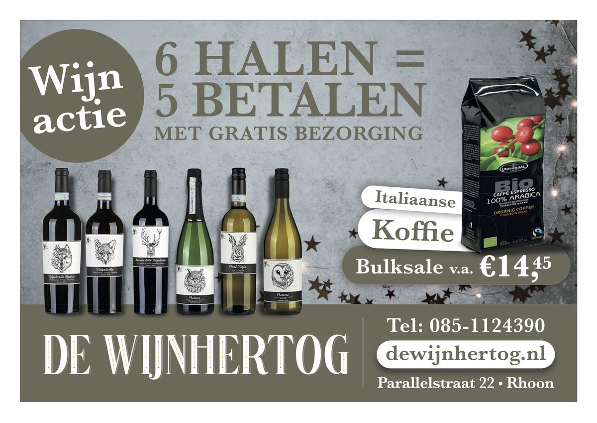 dewijnhertog's tweet photo. Nieuw in onze #webshop! Koffie, oftewel #espresso uit Italië. Maar ook winterwijnen in de aanbieding -> 6 halen = 5 betalen. Check https://t.co/hUWEkjNfGx https://t.co/eA2NyCRhWS