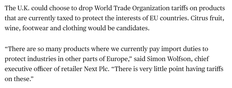 Tariff policy -- the UK can set its own WTO tariffs, and can cut duties on products that aren't important for British industry, which would benefit consumers. Heck, they could even unilaterally cut tariffs on soy sauce... 9/