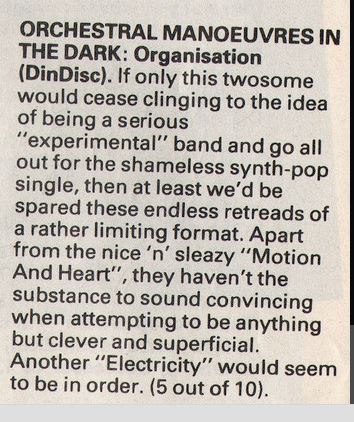 OMD40_'s tweet photo. In the new issue of Smash Hits out #OTD in 1980, OMD's new album Organisation is duly reviewed on p.33, although alas, is given a mere 5/10 by Mr. Mark Ellen @MarkE11en 🙄"clever" and "superficial", sir? (scan by @BrianTV #likepunkneverhappened) #OMD40 #Organisation40 https://t.co/gVuVrZ0SZy