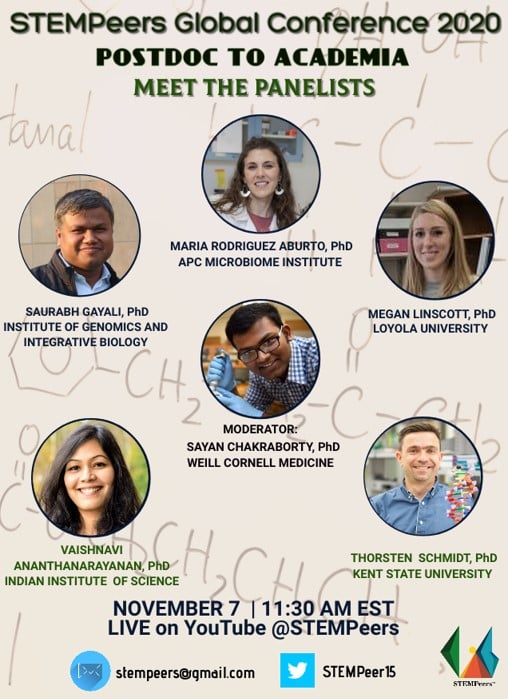 Stempeer15's tweet photo. Our fourth panel of the conference- Life after a postdoctoral stint: Academia. Join us for a conversation between postdoctoral scientists and faculty from Europe, India and USA, live on YouTube@ https://t.co/G4edPIkqXj on Saturday, Nov 7 at 11.30 am ET. #GlobalSTEMPeers2020 https://t.co/P1100ivs7k
