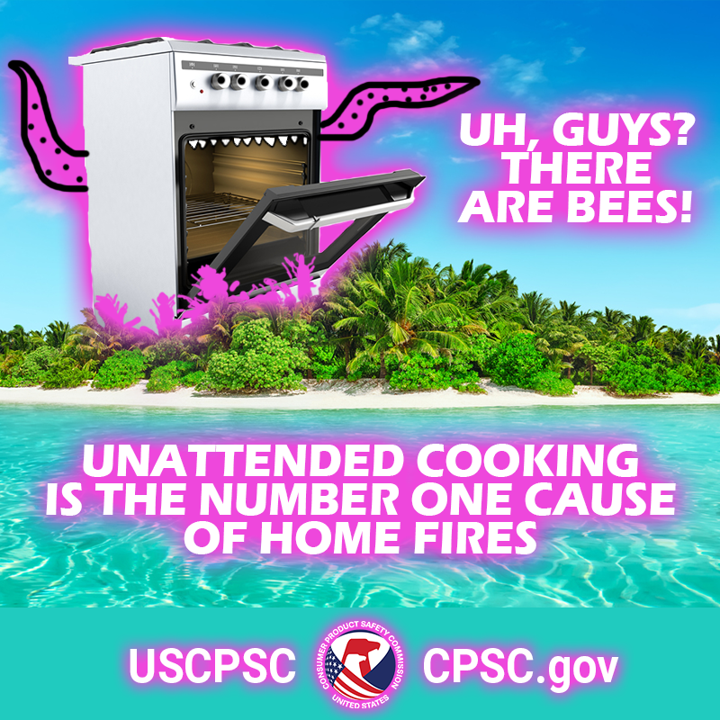 A giant stove the size of a building on an island. The text reads: Uh, guys? There are bees! Unattended cooking is the number one cause of home fires.