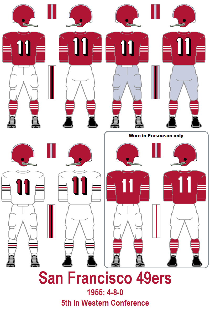 These throwback uniforms originally date back to the 1955  #49ers team. That team went 4-8.The helmet was red (with no logo) and silver pants were sometimes worn. The original white uniforms featured black stripes.This uniform was only worn this season.Continue thread.