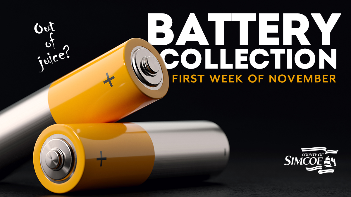 simcoecounty's tweet photo. Curbside #collection for single-use batteries runs the week of Nov 2-6 in #SimcoeCounty on your regular collection day. For more information, please visit https://t.co/ZkkUynJXZ1 #recycling #wastereduction #batterycollection #letssortitout #simceocounty https://t.co/hYtgM8ZfT8