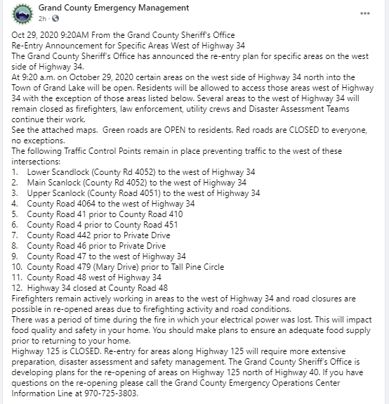 CEDRdigital's tweet photo. Evacuation Change #GrandCo #EastTroublesomeFire
Evacuations lifted for certain areas on the west side of Highway 34 north into the Town of Grand Lake
Read the post carefully & check the map before you go
https://t.co/Hd9UiuEfFG https://t.co/ET0IfoocvM