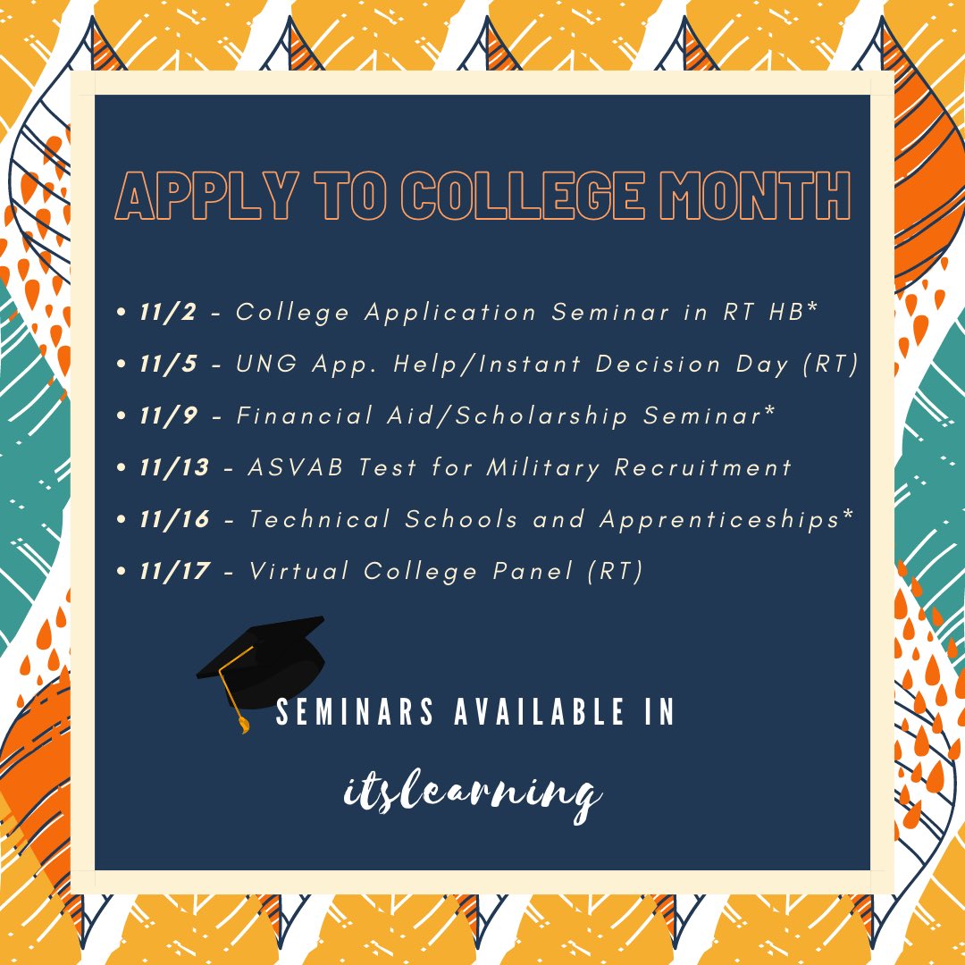 ElizabethT_SC's tweet photo. So excited to kick off Apply to College Month on Monday, November 2nd! Once we present any seminar, it will be available on the Class of 2021 page AND the NFHS Counseling Network itsLearning page. #postsecondaryplans #haveaplan #postsecondarytraining #applytocollegemonth https://t.co/GgIXX6oSHu