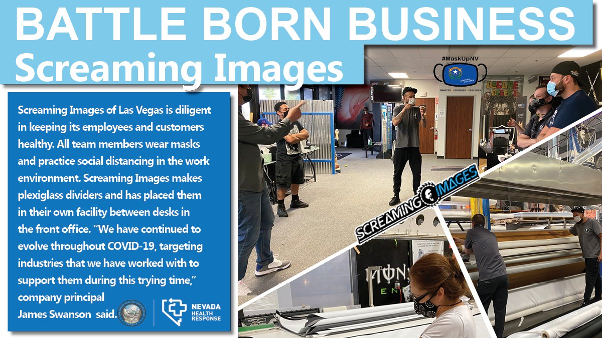 NVHealthRespon1's tweet photo. Screaming Images works hard to keep its employees safe during COVID-19. All employees and customers wear masks and dividers have been installed in the front office. This company has evolved during  COVID-19 to succeed during the pandemic.  @screamingjames https://t.co/dwyb9OfpBc