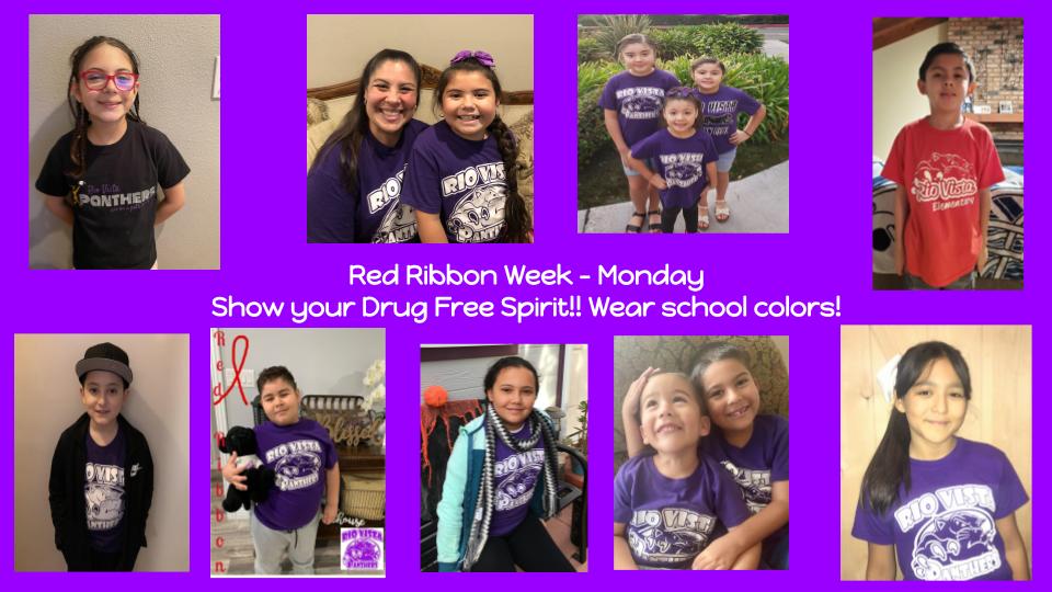 Our Mighty Panthers showing their school spirit for Red Ribbon Week. 
Monday - "Show your drug free spirit!" Wear your school colors!
<a href="/ElRanchoSchools/">El Rancho Schools</a> <a href="/RV_Panthers_PTO/">Rio Vista PTO</a> <a href="/RioVistaERUSD/">RioVistaERUSD</a> <a href="/principalalonso/">Dr. Janet Alonso</a> #RedRibbonWeek2020