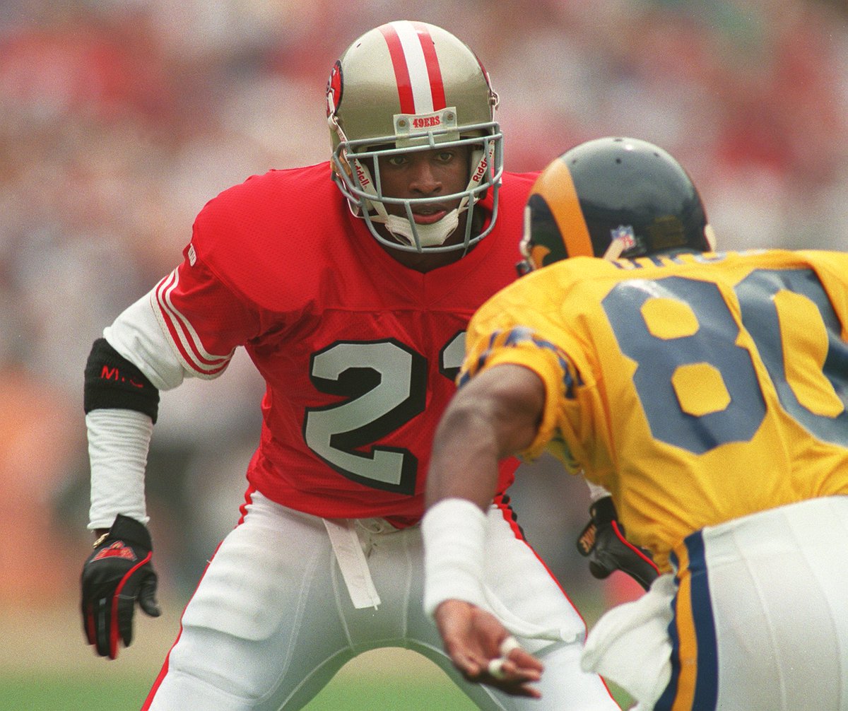 The  #49ers did not change their helmets to match the 1955 throwbacks. And for the first time since 1990, the Niners wore striped socks. These socks matched the style originally worn w/ the throwbacks.This was also Deion Sanders' first game with the Niners.Continue thread.