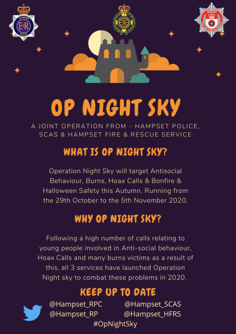 SRPC_5433's tweet photo. #OpNightSky begins tonight! Focusing on Antisocial Behaviour, Hoax Calls and Bonfire safety this Halloween! Stay tuned on my twitter for updates throughout the week! https://t.co/DVWiZCARnZ