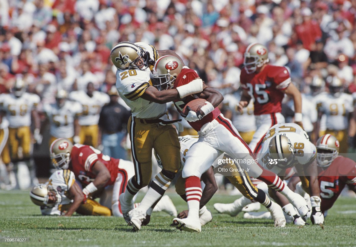 The following week, the  #49ers hosted the  #Saints   in which both teams wore their throwbacks. The Niners wear the exact uniforms that they wore the previous week and win again. San Francisco is undefeated in both throwback games. Continue thread.