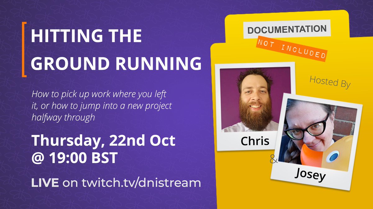 dnistream's tweet photo. In about 1hr @joseyhowarth and @NineteenNinjas will be reunited, discussing how to get back into projects after a period of inactivity, or how to jump in to already running projects.

Join us live on https://t.co/vlwWEHpvAY at 19:00 GMT! https://t.co/J0v9B1SKIJ