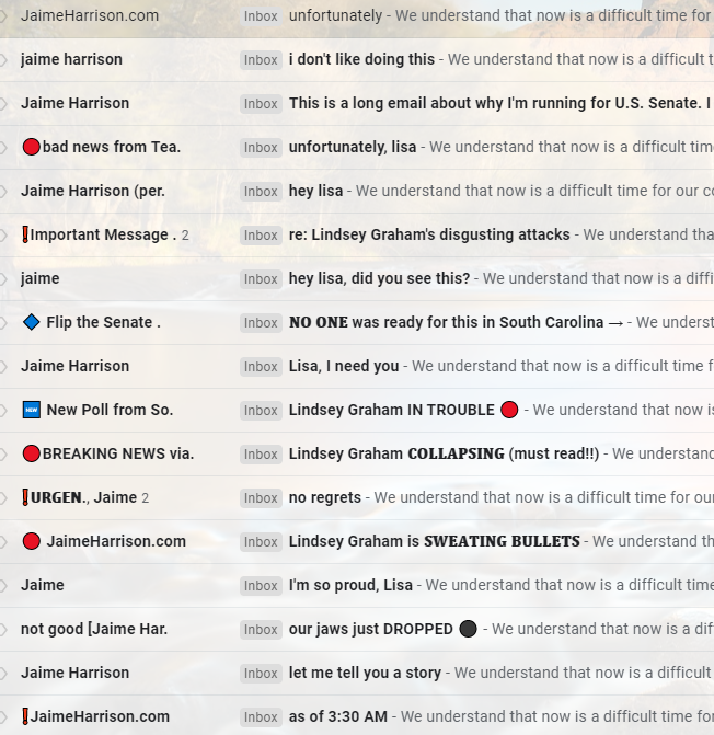 campocomments's tweet photo. 20 emails from Jaime Harrison's campaign JUST on Oct. 28. 
More than 150 emails since Oct. 3. I donated like 20 bucks one time! #emailmarketing https://t.co/cvklRNlszK