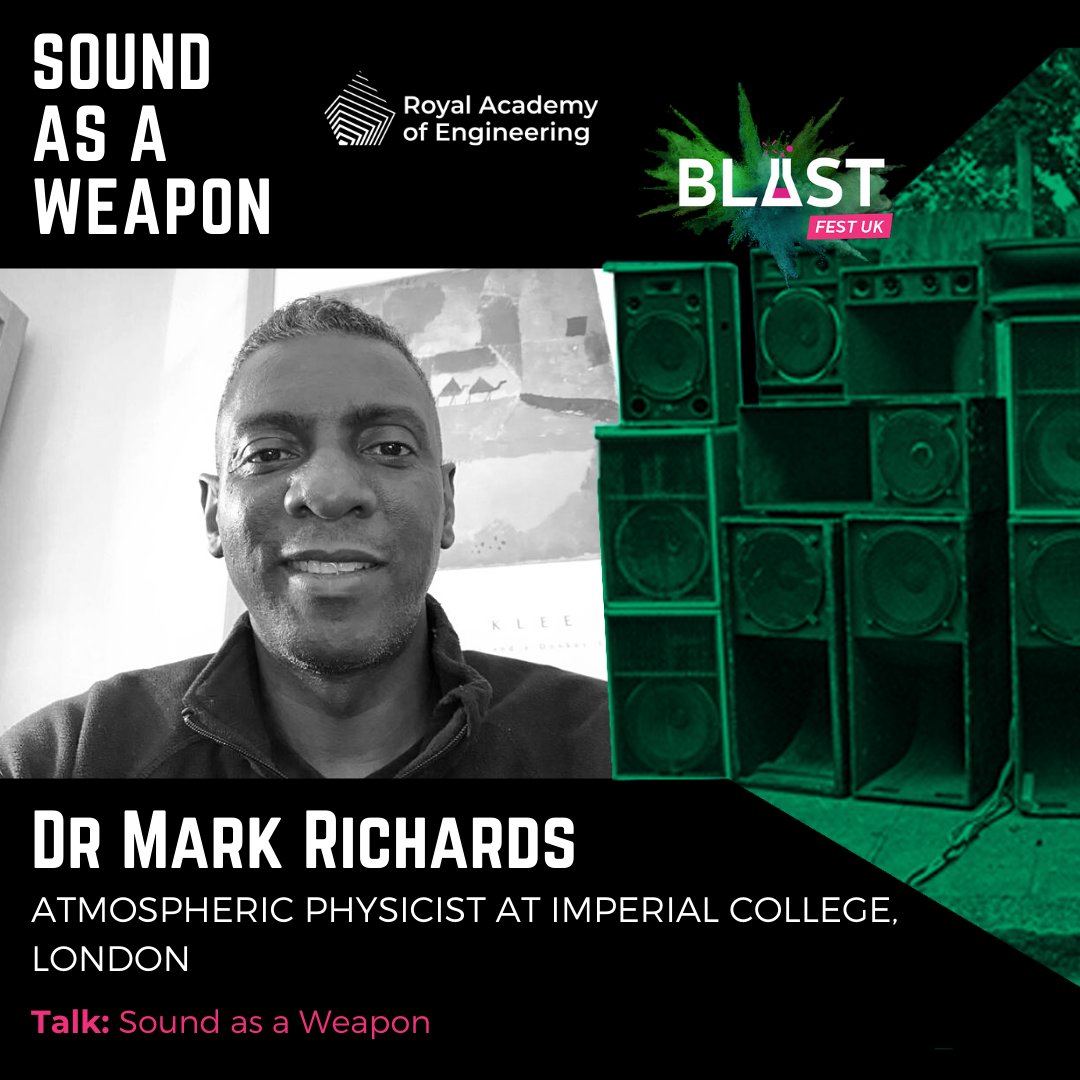 blastfestuk's tweet photo. Sound As A Weapon guest speaker Dr Mark Richards [@dj_kemist]: Atmospheric Physicist at @imperialcollege. He explores explore the nature of sound as a physical waveform and its unique role in shaping the universe.

Tickets
https://t.co/seS241b5pU
#BLAST2020 @RAEngNews https://t.co/ENYVmNZVoE