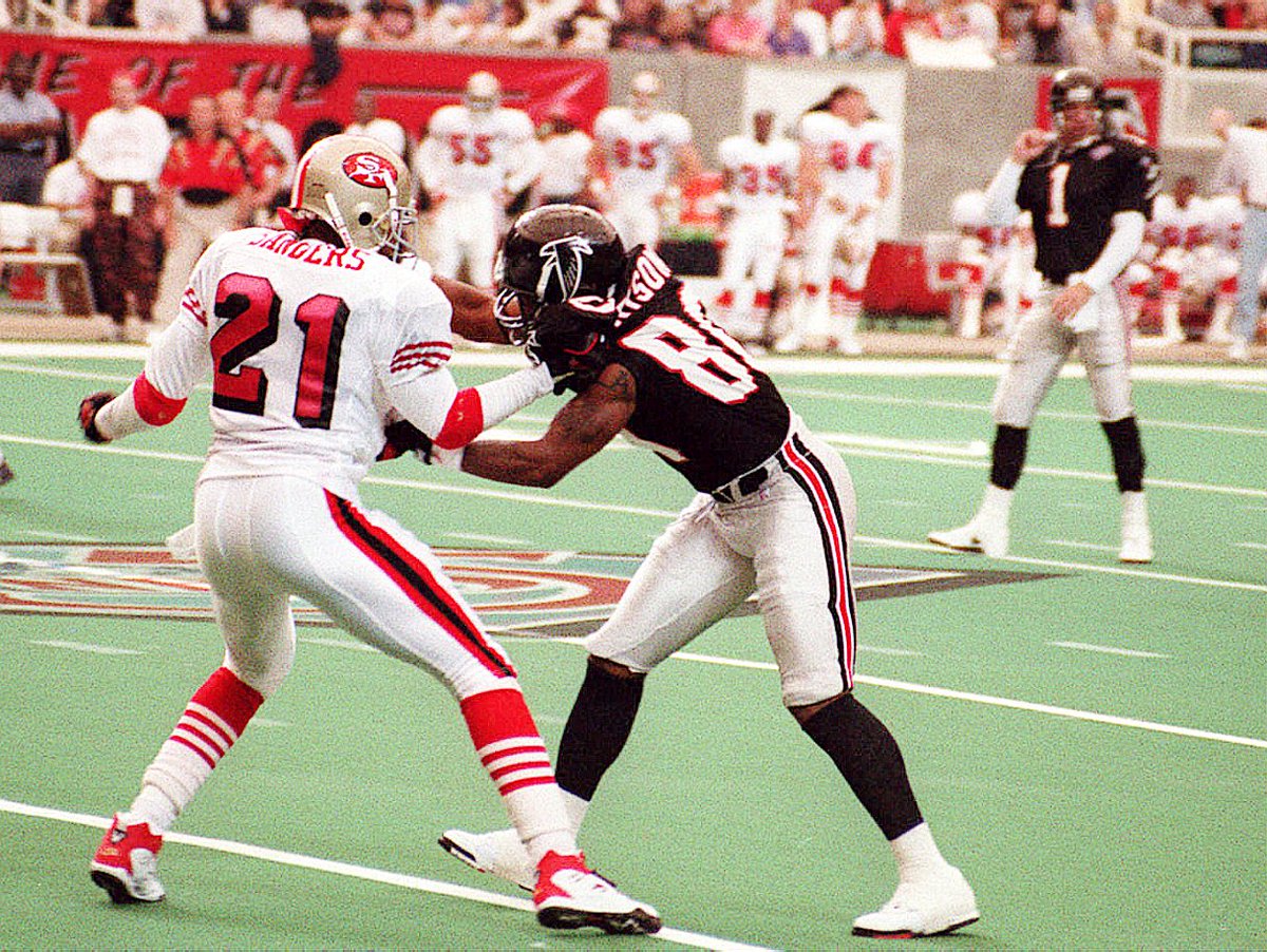 The  #49ers are now 3-0 in throwback uniforms and they are scheduled to wear throwbacks again for the following two games. In their next game, wearing white throwbacks, the Niners easily handle the  #Falcons in Deion Sanders' return to Atlanta.Continue thread.