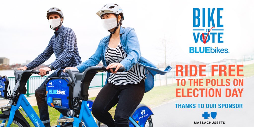 BostonTweet's tweet photo. Bike to Vote: On Election Day (Nov 3), Blue Cross is sponsoring Free Bluebikes rides to and from the polls! 

@BCBSMA is committed to removing transportation barriers this election season. #VOTE 

Choose Adventure Pass in the @RideBluebikes app for your free ride.

#BluePartner https://t.co/bE2O2Ttp1Y
