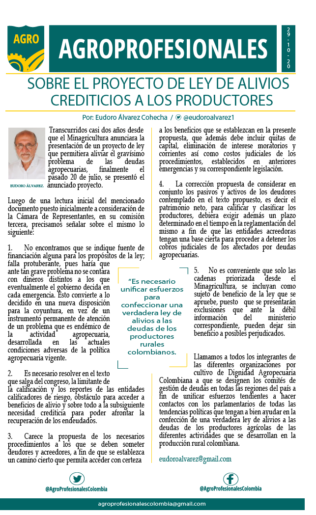 Agro_Profesion's tweet photo. Sobre el proyecto de ley de alivios crediticios a los productores. Por: Eudoro Álvarez Cohecha (@eudoroalvarez1)

👇 Me gusta y retwittear 👇

"Es necesario unificar esfuerzos para confeccionar una verdadera ley de alivios a las deudas de los productores rurales en Colombia". https://t.co/UyRs5uHbZm