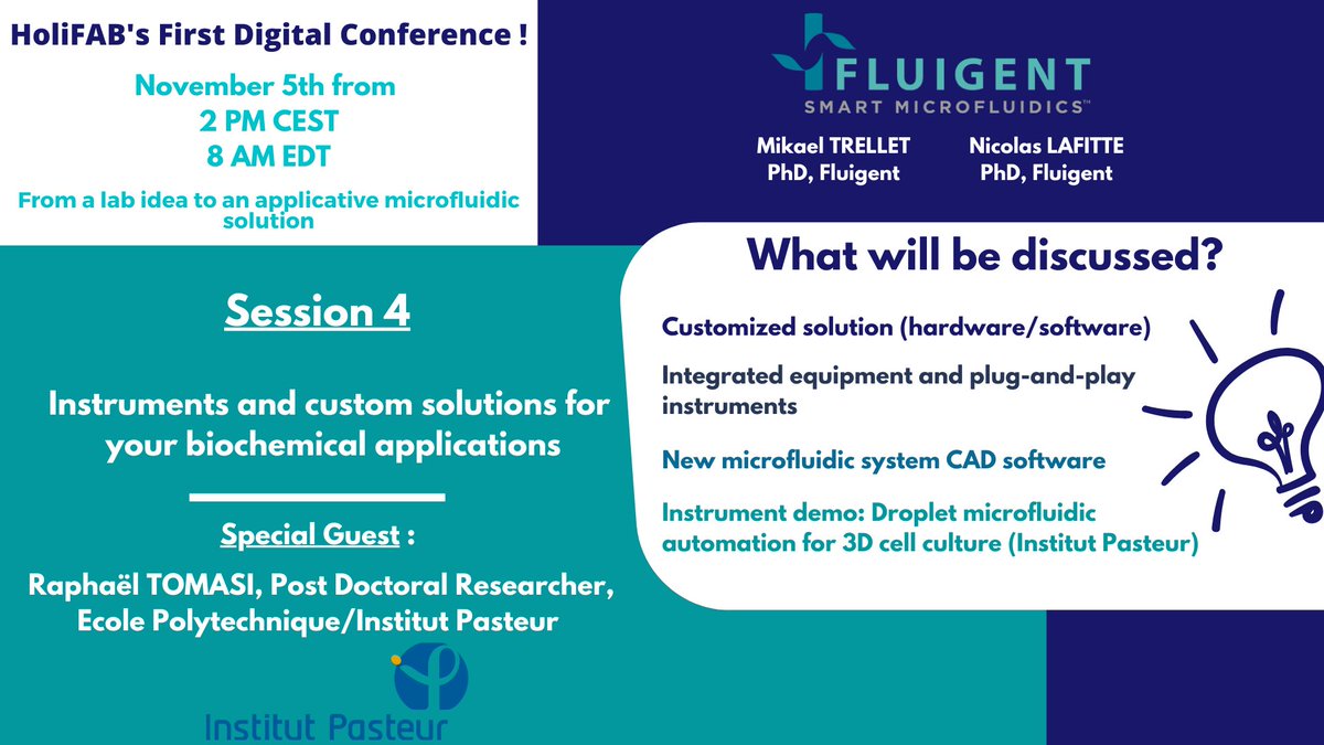 |HoliFAB 1st Conference starting November 5| SESSION 4 at🕑4.30 PM CEST/10.30 AM EDT
📢Our partners from <a href="/Fluigent/">Fluigent</a> with a special guest Raphaël Tomasi <a href="/institutpasteur/">Institut Pasteur, since 1887</a> will be pleased to present the 4th and last event’s session! 
💾Join us &amp; register here:hopin.to/events/holifab…