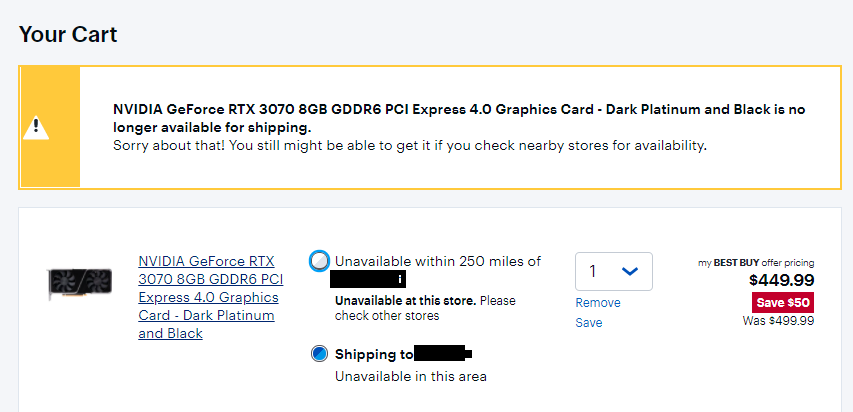 x_more_x's tweet photo. @BestBuy mess. Managed to add 3070 to cart, only to be get server errors to ship to 3 different stores and then just sitting there unable to ship it https://t.co/P8BxtZ5BsU