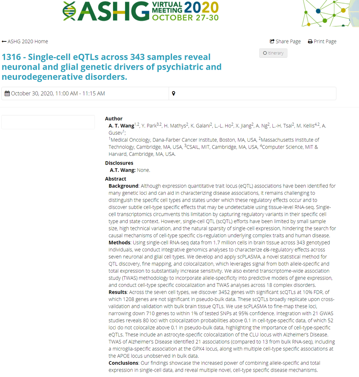 manoliskellis's tweet image. Don't miss our four #ASHG20 talks today/tomorrow on #SingleCell dissection of #Alzheimers #Obesity #Exercise #Schizophrenia using #scRNA #scATAC #GWAS #eQTLs #Mosaicism Big congrats to #MariaKousi #AustinWang #XushenXiong #JackieYang and our collaborators!