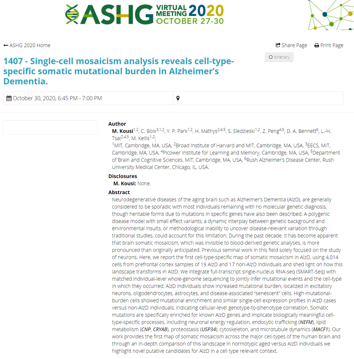 manoliskellis's tweet image. Don't miss our four #ASHG20 talks today/tomorrow on #SingleCell dissection of #Alzheimers #Obesity #Exercise #Schizophrenia using #scRNA #scATAC #GWAS #eQTLs #Mosaicism Big congrats to #MariaKousi #AustinWang #XushenXiong #JackieYang and our collaborators!