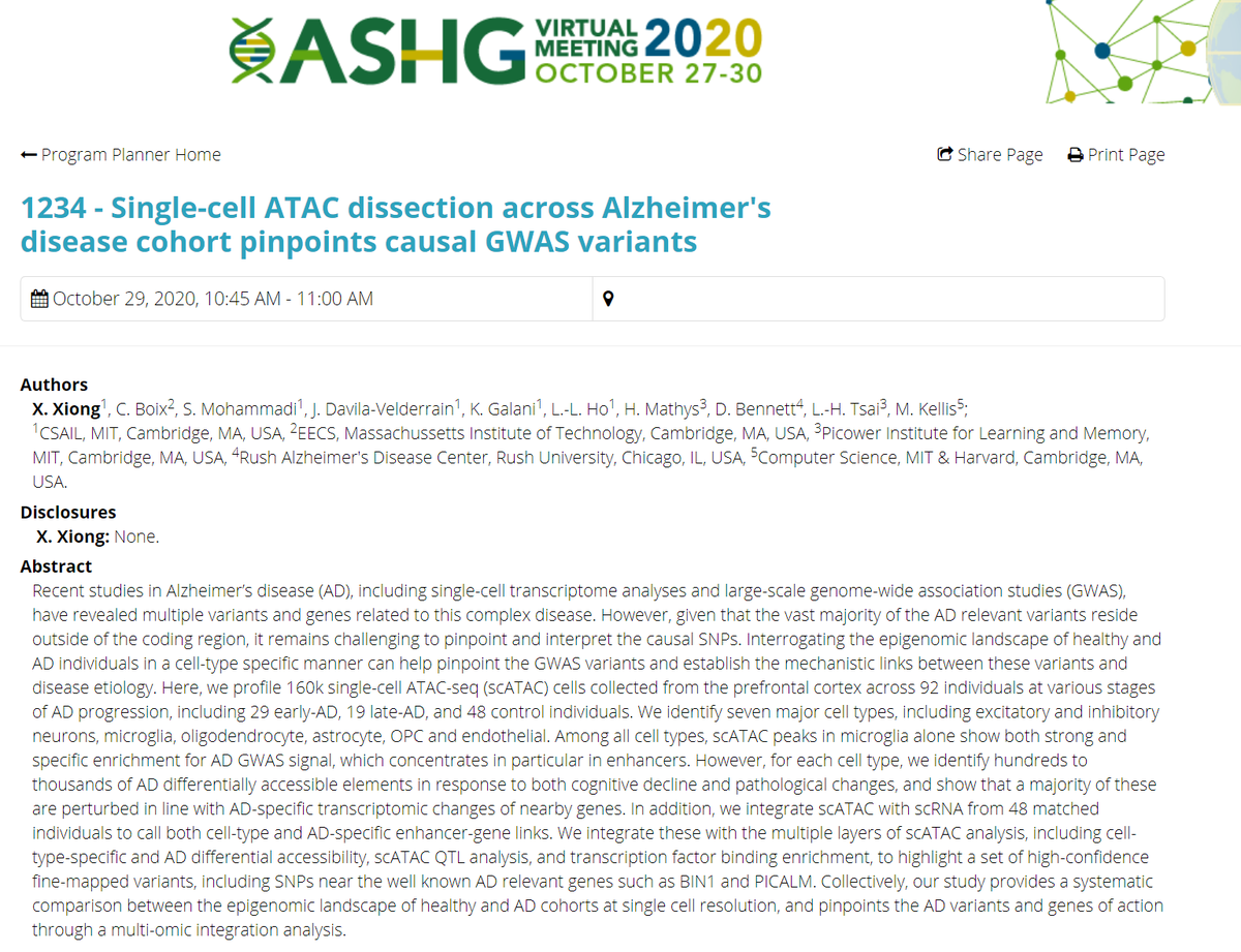 manoliskellis's tweet image. Don't miss our four #ASHG20 talks today/tomorrow on #SingleCell dissection of #Alzheimers #Obesity #Exercise #Schizophrenia using #scRNA #scATAC #GWAS #eQTLs #Mosaicism Big congrats to #MariaKousi #AustinWang #XushenXiong #JackieYang and our collaborators!
