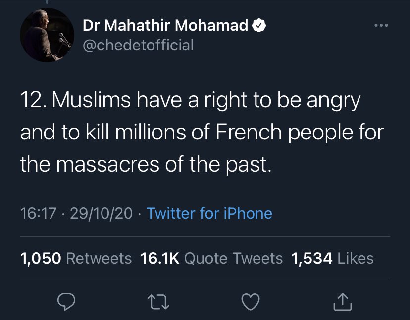 This is today's tweet by former Malaysian Prime Minister, Mahathir Mohamad, declaring jihad against the French. This is pure hate speech but would  @Twitter suspend this account? Would you  @jack?