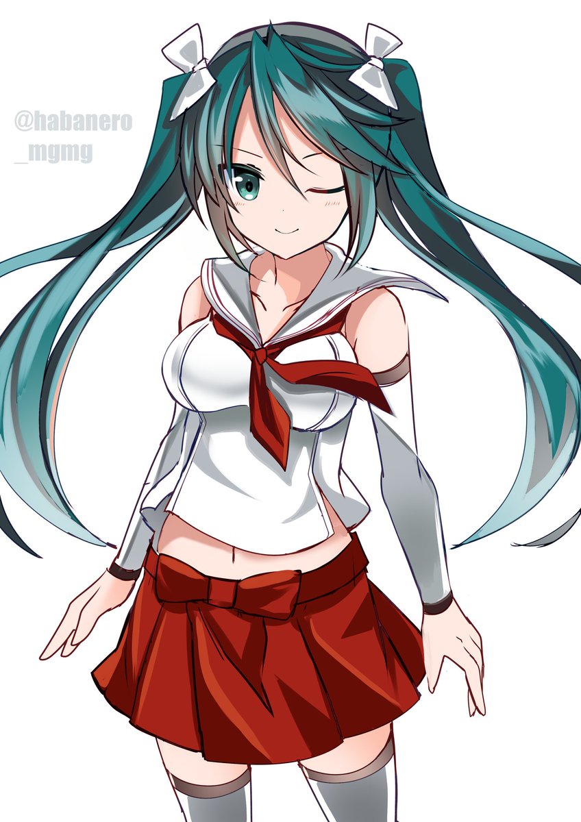 isuzu (kancolle) 1girl solo twintails skirt long hair neckerchief white background  illustration images