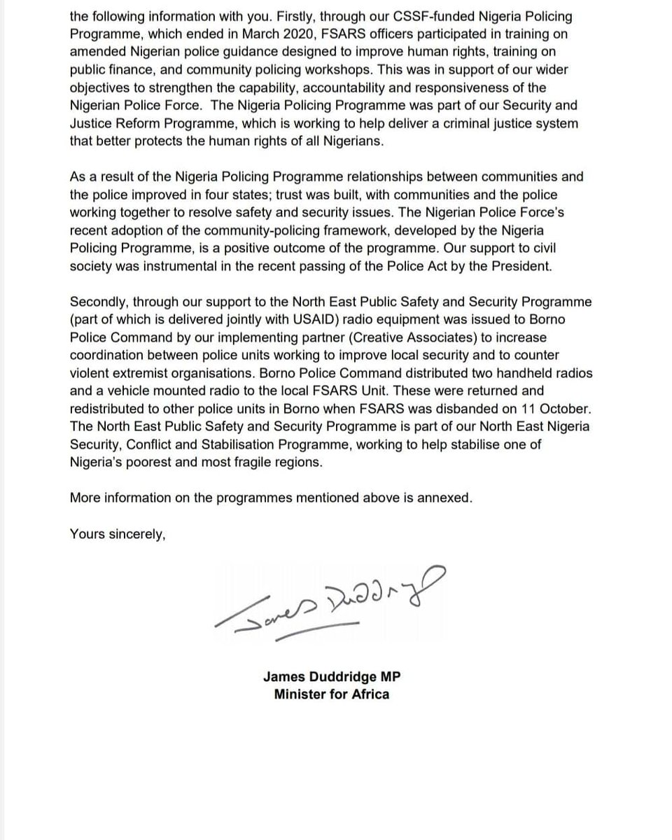 KateOsamor's tweet photo. On 19 October the Minister for Africa @JamesDuddridge  assured me that the UK Government had provided no funding to SARS units. 

That wasn't true. The Minister has now confirmed that the Government has trained and supplied equipment to SARS units from 2016 to 2020. 

#EndSARS https://t.co/uDACZ1OHXL