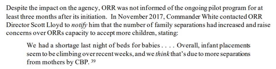 As the hundreds of families were being separated, one high-level official in the Office of Refugee Resettlement wrote to his boss in alarm."We had a shortage last night of beds for babies."