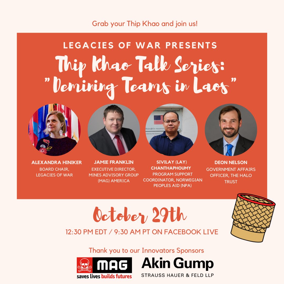 RT <a href="/legaciesofwar/">Legacies of War</a> "Today at 12:30 pm EDT, join us for for a Thip Khao Talk to learn how demining experts are clearing the 80 unexploded million bombs in Laos. The talk includes <a href="/MAGsaveslives/">MAG (Mines Advisory Group)</a> <a href="/NPAdisarm/">NPA Mine Action and Disarmament</a> and <a href="/HALOTrustUSA/">The HALO Trust USA</a> and will be moderated by our … "