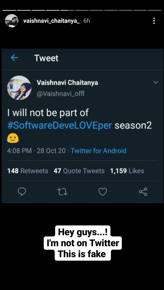 VaishnaviChFans's tweet photo. #VaishnaviChaitanya is not on twitter
Beware of fake account
She herself said on instagram!!
@Vaishnavi_offl is fake account
Waiting for
#TheSoftwareDevLOVEper S2 https://t.co/5dMDNVsODD