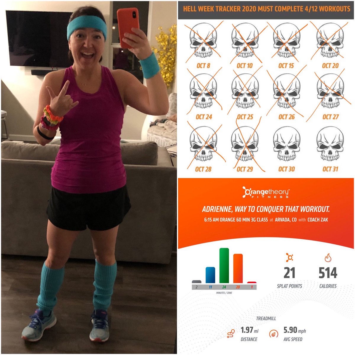 DrACadle's tweet image. TEN down, with only two more to go to complete all 12 #hellweek2020 classes! Today’s theme = decades day! This year has been SO. MUCH. FUN. Thank you, @orangetheory, for the extra tough workouts and for always bringing ALL the good vibes and energy!

😃💪☠️🔥🍊