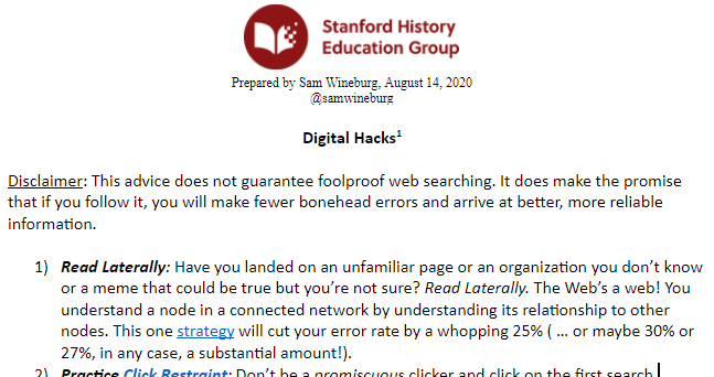 WRITE_Center's tweet photo. Did you miss @samwineburg's webinar yesterday?
Access exclusive resources (https://t.co/KMdaKrMq3p) that can support your students' (and your own) media literacy.
#clickrestraint #lateralreading @SHEG_Stanford @UCIEducation https://t.co/lscDhzN0pV