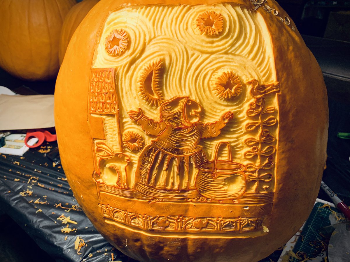 ForestHulsMD's tweet image. My 2020 Pumpkin! 
“Strega Nona”, in honor of Tomie dePaola, who died March 30th 2020 at age 85. (Also shown are my two previous classic children’s book illustration pumpkins: “Where the wild Things Are” and “Ferdinand the Bull”)
@scbwi #pumpkincarving #pathart