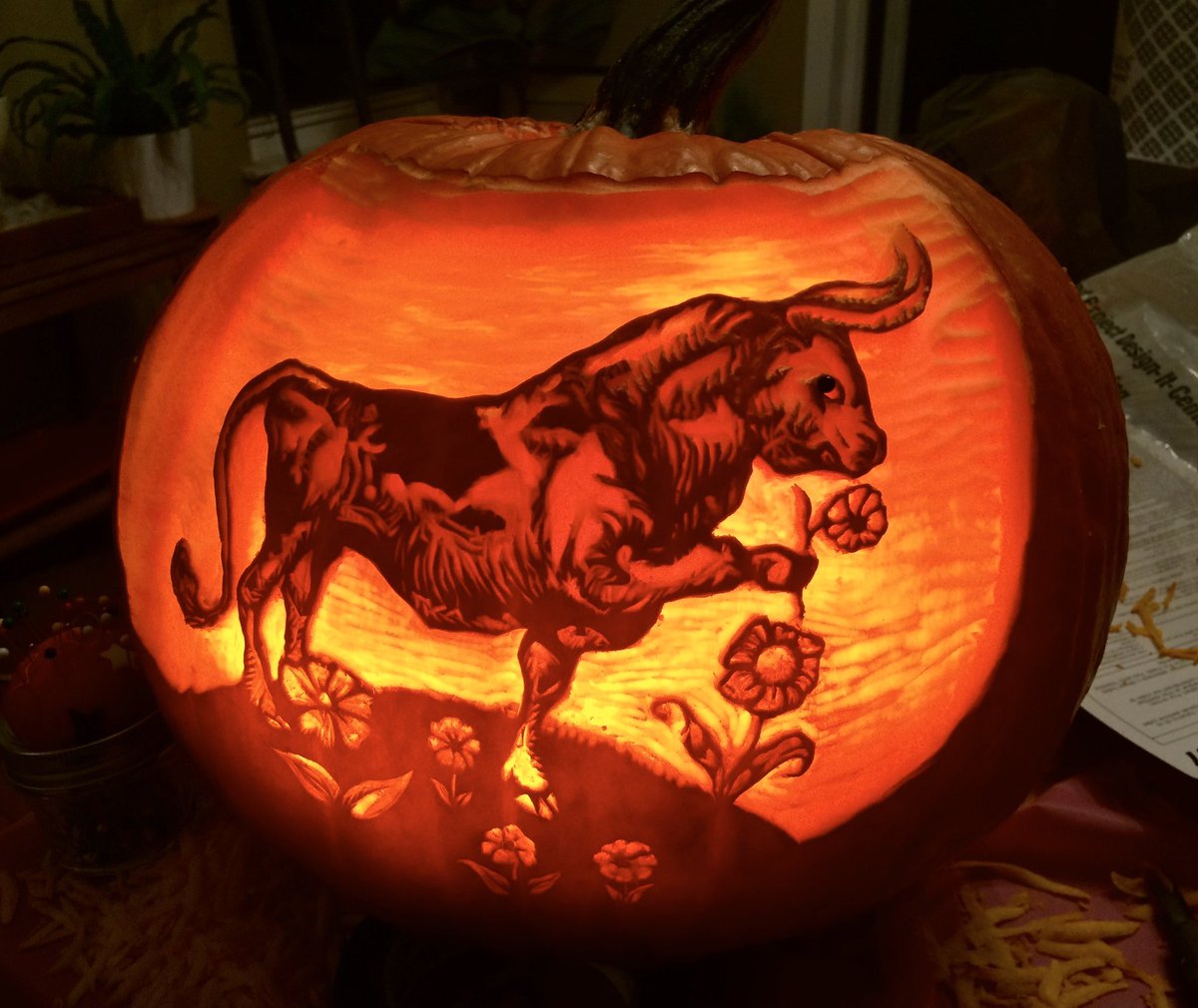 My 2020 Pumpkin! 
“Strega Nona”, in honor of Tomie dePaola, who died March 30th 2020 at age 85. (Also shown are my two previous classic children’s book illustration pumpkins: “Where the wild Things Are” and “Ferdinand the Bull”)
<a href="/scbwi/">scbwi</a> #pumpkincarving #pathart