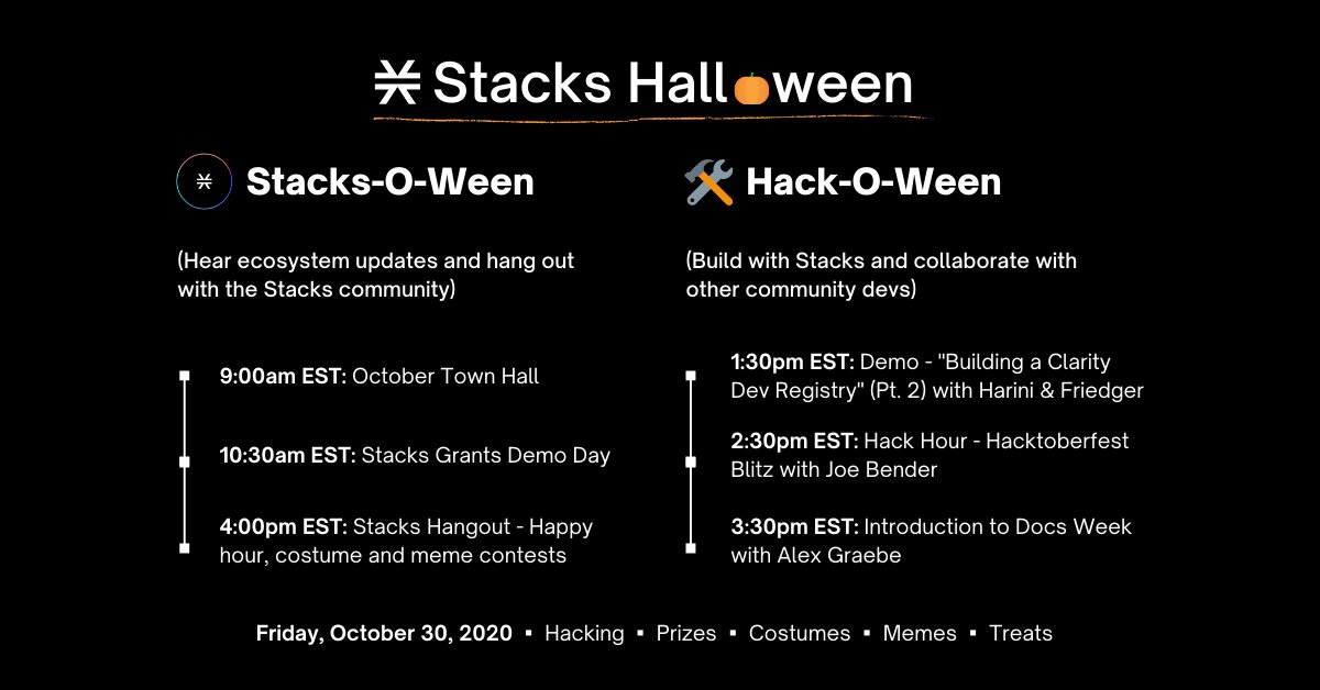 Celebrate Halloween with the Stacks Community 👻.

- Community demos
- Developer hack sessions
- Costume &amp; meme contests

RSVP to the Stacks Halloween Extravaganza: ow.ly/Igij50C5Ydx