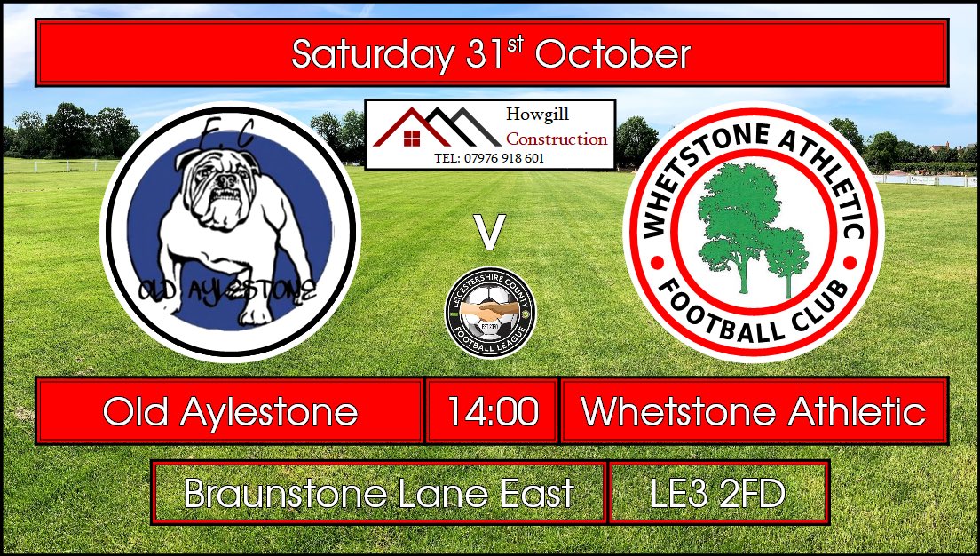 Next up...

🆚 <a href="/oldaylestone/">Old Aylestone Fc</a> 

🏆<a href="/LeicsCFL/">LCFL Sponsored by Uptonsteel</a> Prem

🗓 Saturday 31st October

🕑 2pm kick off

📍 Braunstone Lane East | LE3 2FD
