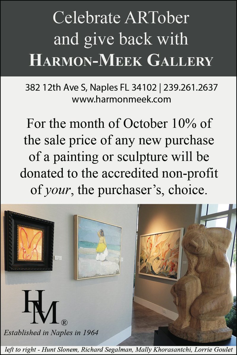 Champs4Learning's tweet photo. Looking for weekend plans? Shop at Harmon-Meek Gallery and find a new painting or sculpture. 10% of your purchase through October 31st can go to Champions for Learning! Remember to mention you are supporting Champions For Learning at checkout.
#NaplesArt https://t.co/jH9NEy10x5